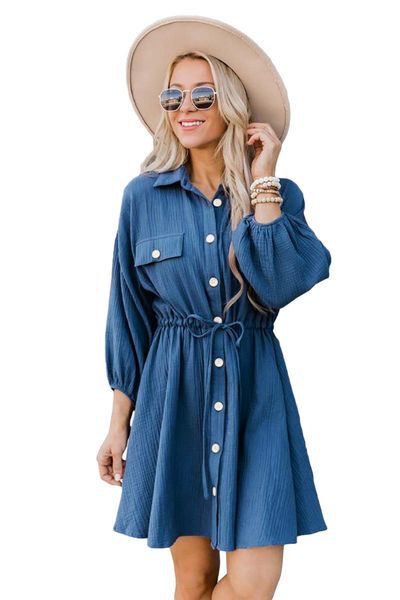 

casual dresses black/blue tunic shirt dress women autumn turn down collar 3/4 sleeve classic shades and the button short, Black;gray