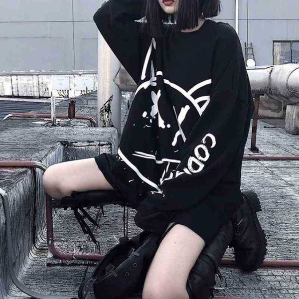

cotton 2020 autumn new graffiti ghost face round neck sweater female couple dark loose hip hop long sleeve coat, Black