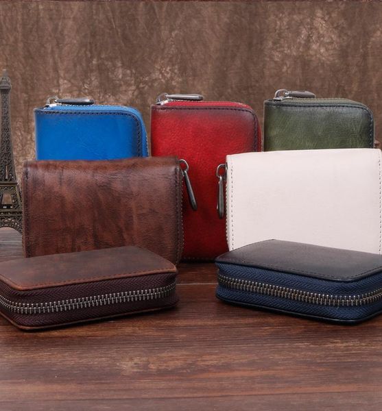 

card holders simple horizontal women's change baotou cowhide leather retro handmade color rubbing fashion zipper organ multi-card slot, Brown;gray