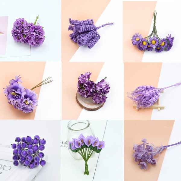 

decorative flowers & wreaths 6/10/12pcs purple mini artificial plant flower cherry stamen berries bundle diy christmas wedding cake gift box
