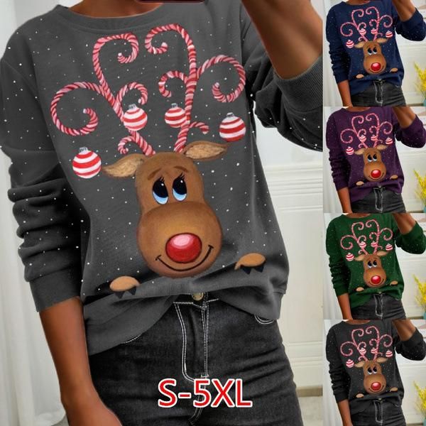 

women's t-shirt women autumn winter christmas cartoon reindeer printed long sleeve loose fashion sweater basic shirt, White