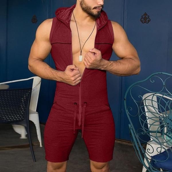 

hirigin 2021 summer men´s one piece tight fitness jumpsuit zipper sleeveless hooded rompers with pockets male fashion rompers, Gray