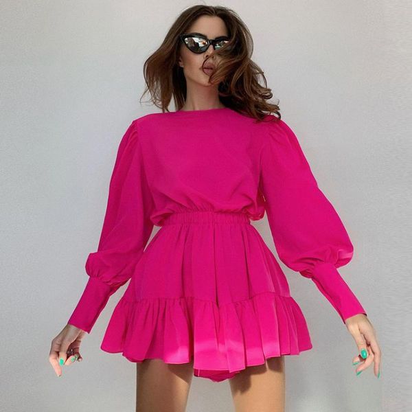 

casual dresses mini round neck lantern sleeve waist closing temperament commuter french retro dress women, Black;gray