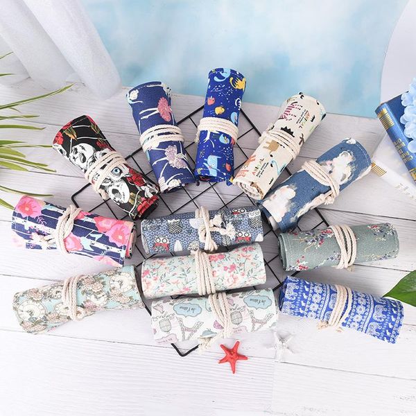 

12 styles 36 hole cartoon canvas pencil case big wrap roll up pencil case school stationary pen brush bag