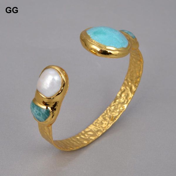 

guaiguai jewelry natural white pearl green amazonites gold color plated bangle bracelet for women vintage style, Black
