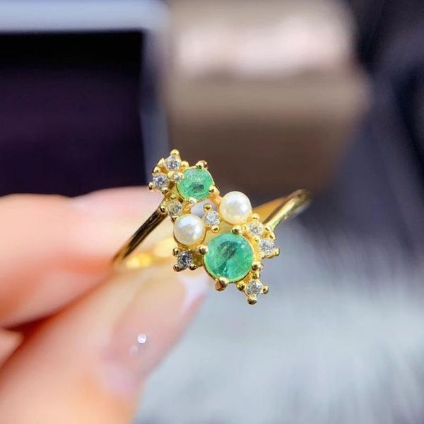 

cluster rings meibapj natural emerald gemstone pearl ring for women real 925 sterling silver charm fine wedding jewelry, Golden;silver