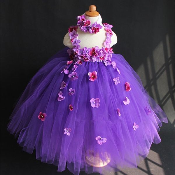 Belle ragazze Viola Petali di fiori Tutu Dress Bambini Fluffy Tulle Wedding Party Dress con fascia Bambini Crochet Long Tutus 210303