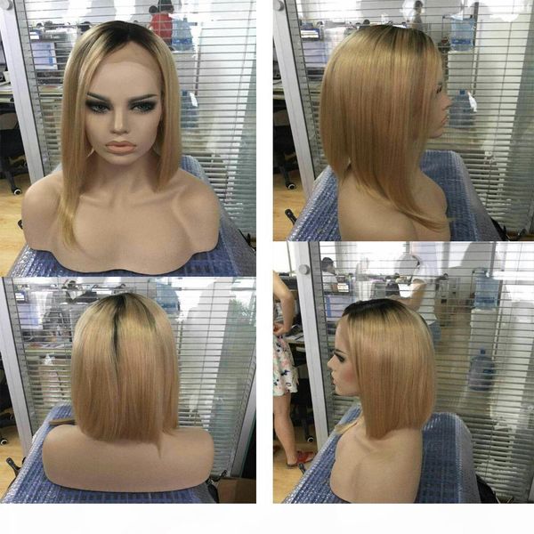

ombre short bob lace wigs remy human hair stright front lace wigs with baby hair 130% density #1b 27 front lace bob wigs, Black;brown