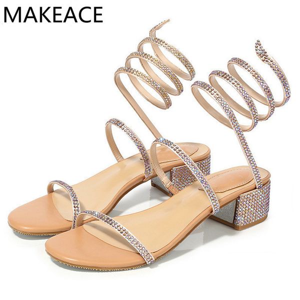 

official website 70% off outlet rhinestone snake twisting around gladiator sandals women square heels crystal party shoes woman luxury summe, Black