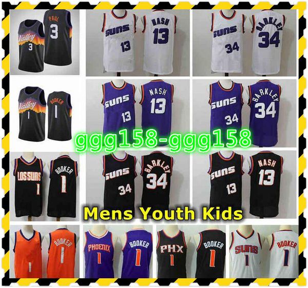 

2021 mens youth kids chris 3 paul devin 1 booker swingman jersey stitched 13 steve nash 34 charles barkley retro classic basketball jerseys, Black;red