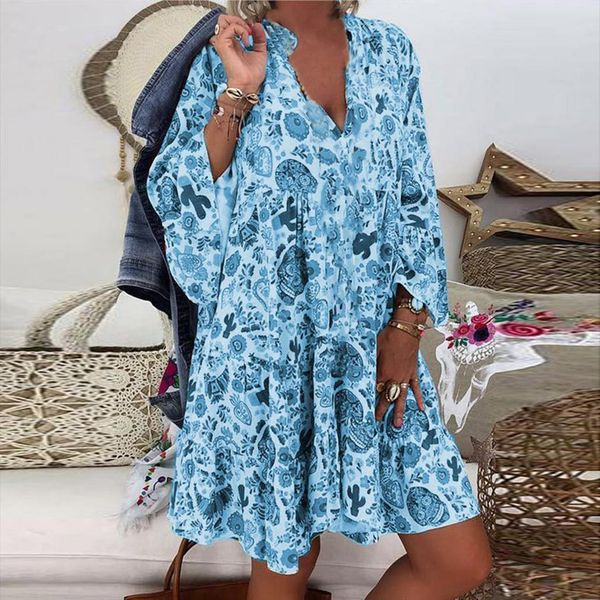 

bohemian blue loose women dress long sleeve v collar button plus size mini print ruffle party dresses, Black;gray