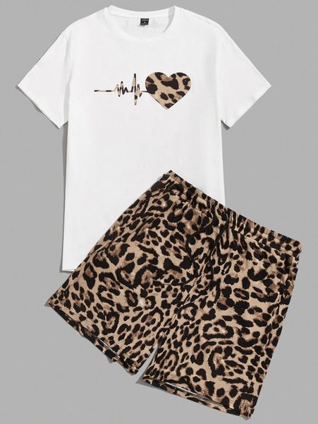 

men heart print & leopard shorts h6li#, Gray