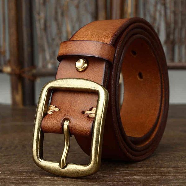 

hand frosted italian leather belt men's copper buckle versatile, Black;brown