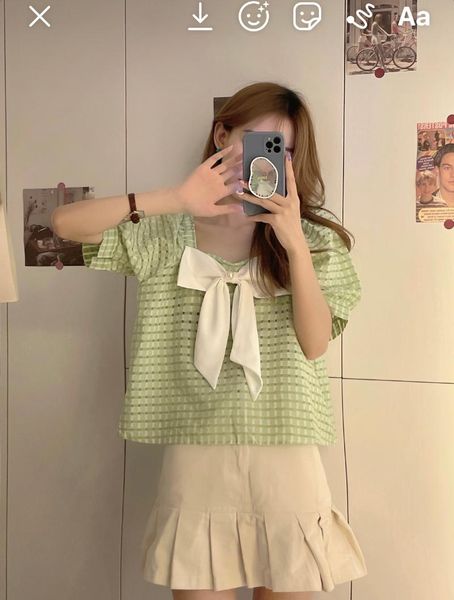 

women's blouses & shirts summer thin square collar bow korean style short-sleeved loose plaid shirt women, White