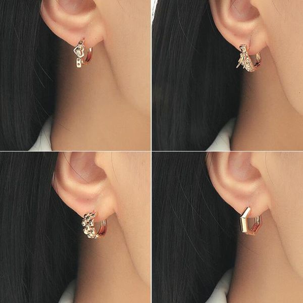 

hoop & huggie trendy metal gold geometric heart bowknot small earrings for women female dragon butterfly huggies jewelry, Golden;silver