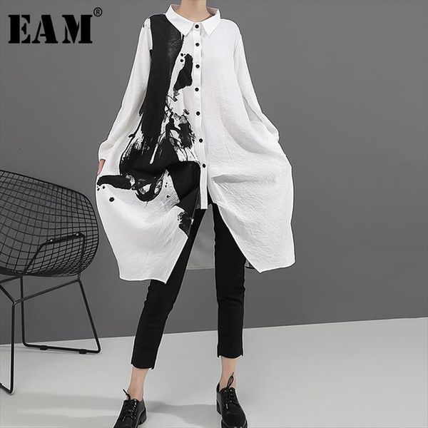 

[eam] black white print big women dresses size oversize lapel long sleeve loose fit fashion tide spring autumn 1a923, Black;gray