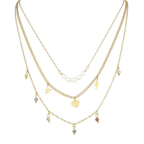 

chokers stainless steel three layered jewelry chain necklace elegant star heart stone pearl collar for women girls gift, Golden;silver