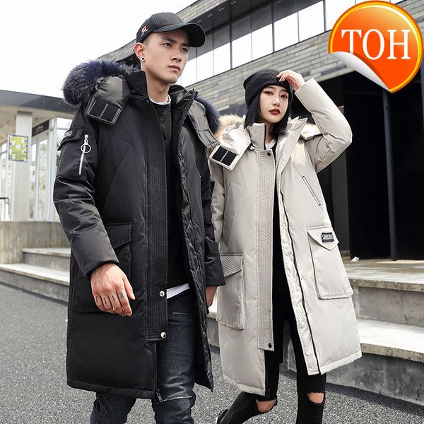 

-30 degree couple winter white duck down jacket long keep warm thicken coat men fashion hooded fur collar windbreaker parka, Black