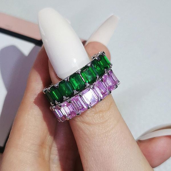 

cluster rings 2pcs per set luxury pack pink green 925 sterling silver wedding band eternity ring for women gift finger lots jewelry r4619, Golden;silver