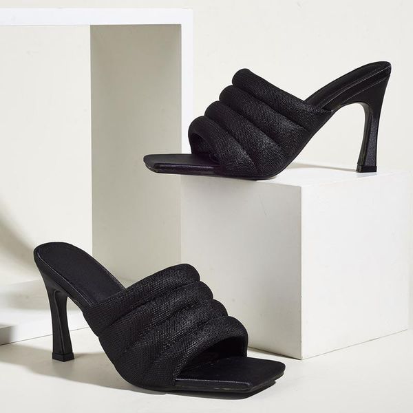 

slippers 2021 mesh women's ladies mules square toe female high heels plus size woman black footwear women pink shoes summer