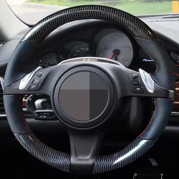 

car steering wheel cover hand-stitched non-slip soft black genuine leather carbon fiber for porsche cayenne panamera 2010-2011