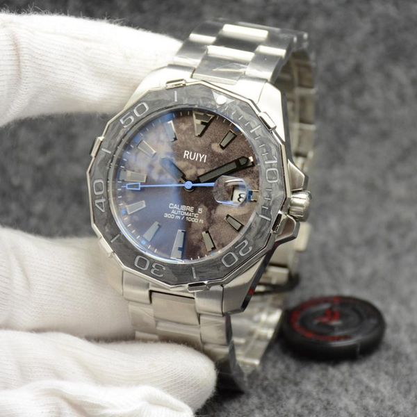 

wristwatches classic men automatic mechanical calendar watch stainless steel carbon fiber bezel sapphire + 44mm more colour, Slivery;brown