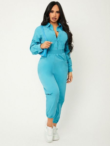 

collared buttoned front slant pocket jumpsuit b24l#, White