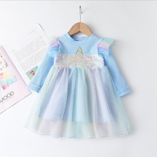 

princess dress bubble skirt rainbow grenadine dress fly sleeve long sleeved tulle skirts tutu kids designer clothes western style wmq573, Red;yellow