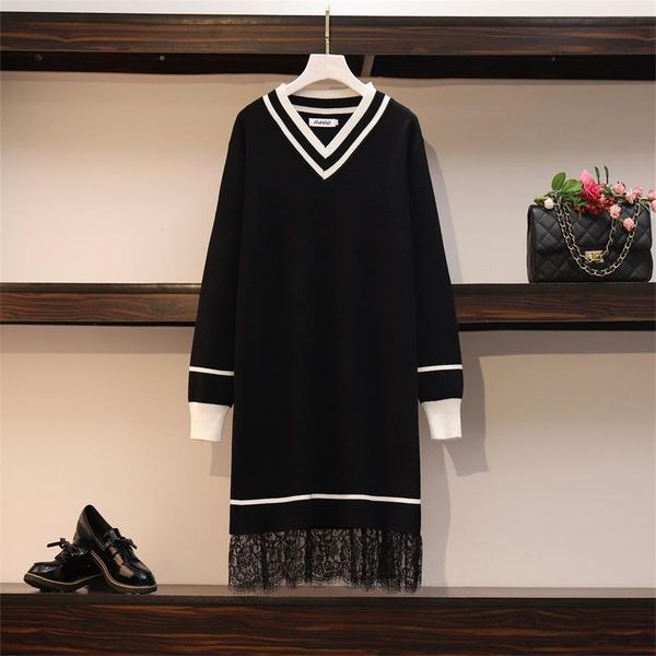 

casual dresses patchwork lace sweater women's long sleeve v neck mini straight ladies high street autumn knitting plus size, Black;gray