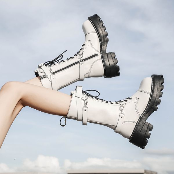

new white/black lolita martin for woman chunky six inches under calf buckle boots winter/autumn cosplay shoes nyis