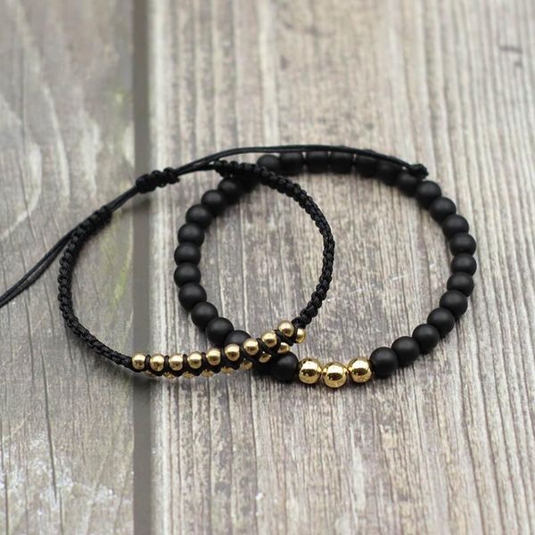 

charm bracelets 2pcs/set paired bracelet men handmade braided string braslet adjustable gold color copper beads braclet onyx stone brazalete, Golden;silver