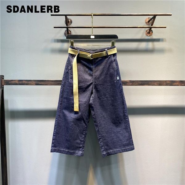 

women's jeans fashion casual cropped straight-leg pants 2021 summer high waist all-match half loose western style women wide-leg, Blue