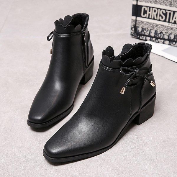 

boots ankle for women square toe fashion shoes plush warm winter bowknot short zipper heels comfortable lady, Black