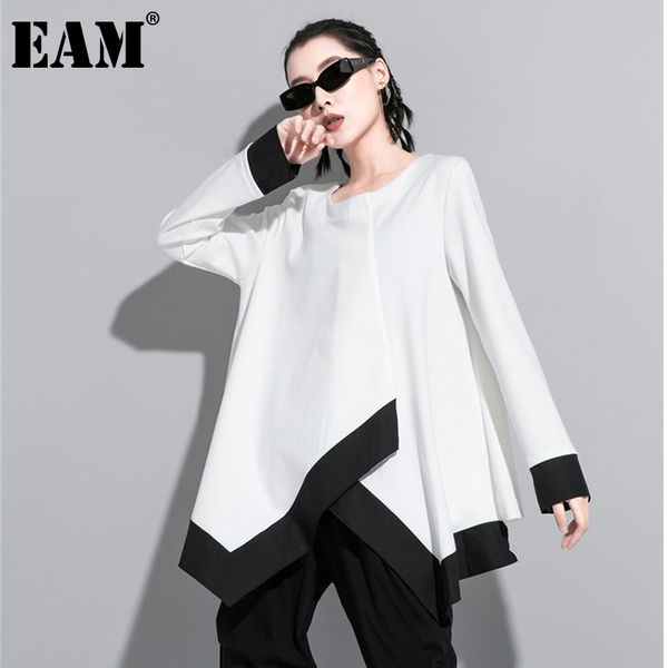 

[eam] women white contrast color split big size t-shirt new round neck long sleeve fashion tide spring autumn 2021 1da611 210302