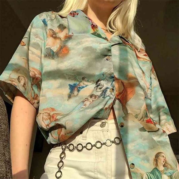 

vintage aesthetic cupid angel print women' blouse shirt cardigan short sleeve summer graphic women clothes 210719, White