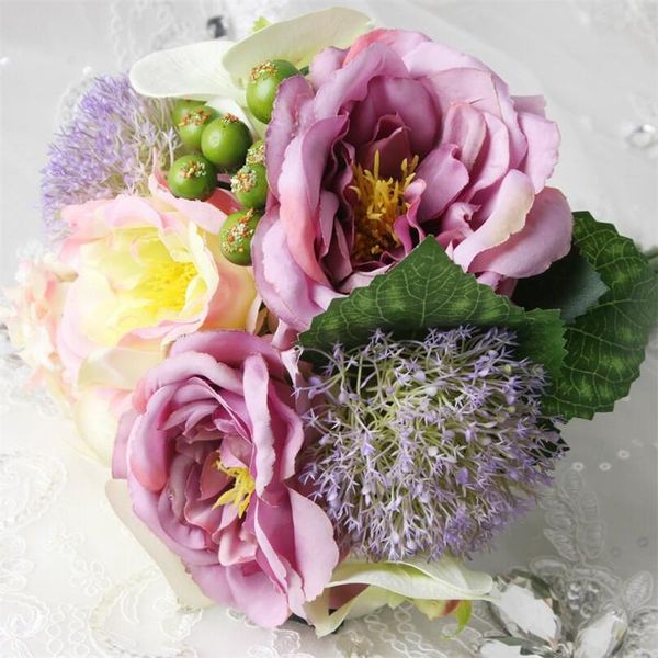 

flone artificial rose butterfly orchid berry bouquet silk flower wedding bridal hand holding flowers home party decor art floral