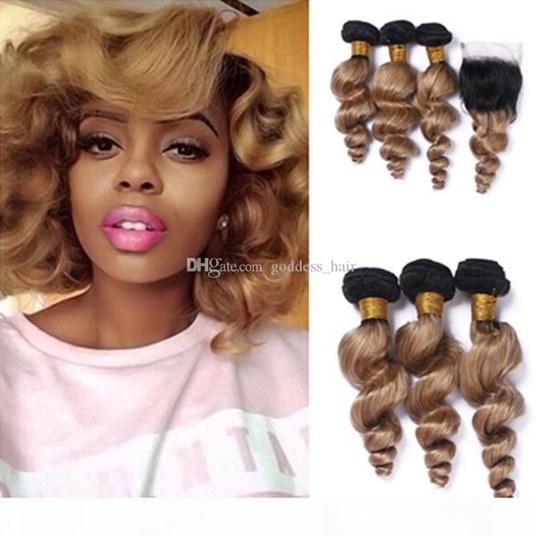 

new arrival #1b 27 blonde dark root ombre loose wave brazilian human hair bundles weaves with lace closure part 4pcs lot, Black