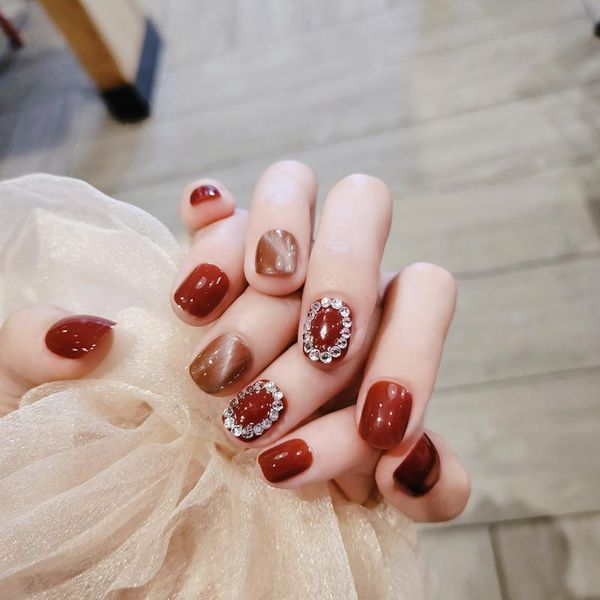 

false nails 24pcs red wine nail patch glue type removable short paragraph fashion manicure save time zgood unghie finte, Red;gold