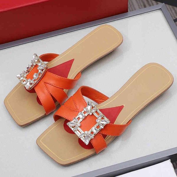 

2021 summer women slippers genuine leather rhinestone square button temperament flat sandalias fashion leisure vacation hop999, Black