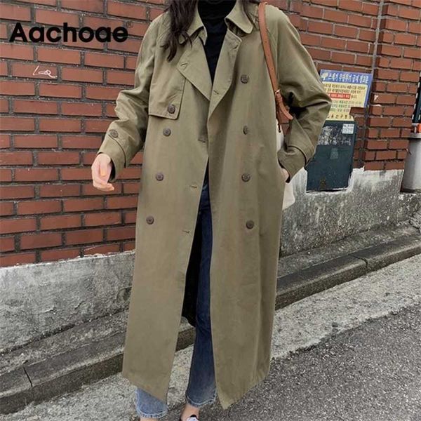 

aachoae women double breasted solid long trench batwing long sleeve straight coat bandage elegant windbreaker korean outwear 201030, Tan;black