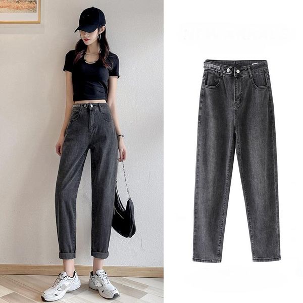 

women's jeans women high waisted harem ankle-length pants loose straight mom baggy thin blue grey button woman 2021