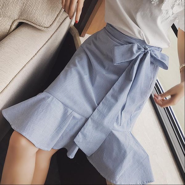 

mishow a line trumpet striped ruffles bow women skirt 2021 summer elegent cotton skirt empire knee length mx17b1820, Black