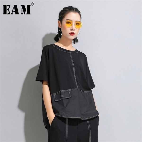 

[eam] new spring summer round neck half sleeve black button split joint loose big size t-shirt women fashion tide jw599 210315, White