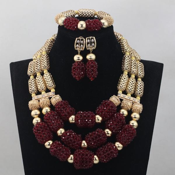 

earrings & necklace charming wine red 3-rows crystal handmade beads jewelry sets african party/wedding women accessory anj004, Silver