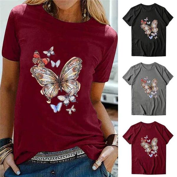 

women's t-shirt 2021 women summer butterfly print t shirt fashion casual o-neck short sleeve shirts loose plus size tees female streetw, White