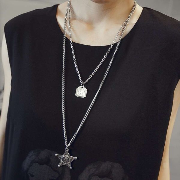 

new five pointed tag sweater chain double star pendant long necklace two layer ornament, Silver