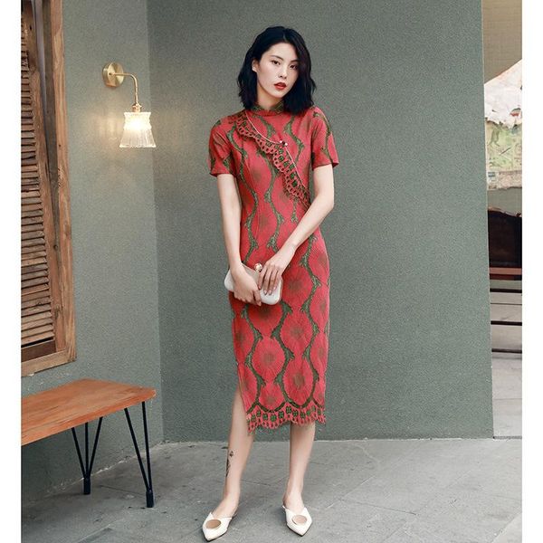 

cheongsam party dress 2021 chinese lace modern qipao, Red