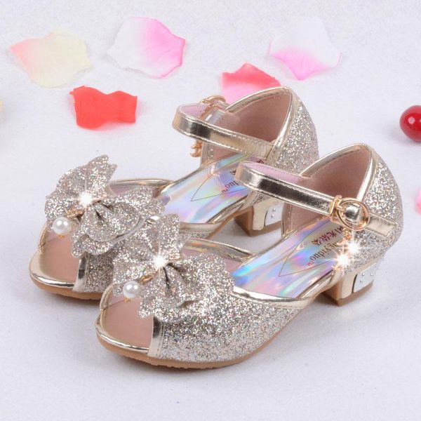 

sandals enfants 2021 children princess kids girls wedding shoes high heels dress party for pink blue gold1, Black;red