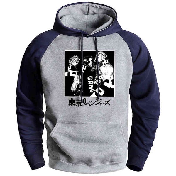 

tokyo revengers print raglan hoodie for man fleece vintage hooded streetwear mens cartoons harajuku hip hop anime sweatshirts g1214, Black