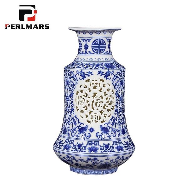 

vases jingdezhen blue and white porcelain table vase hollow flower / living room wine cooler decor crafts souvenir collection
